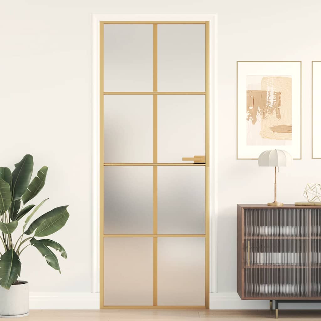 Interior Door Slim Black 76x201.5 cm Tempered Glass&Aluminium 4x2 Grids Gold and matt