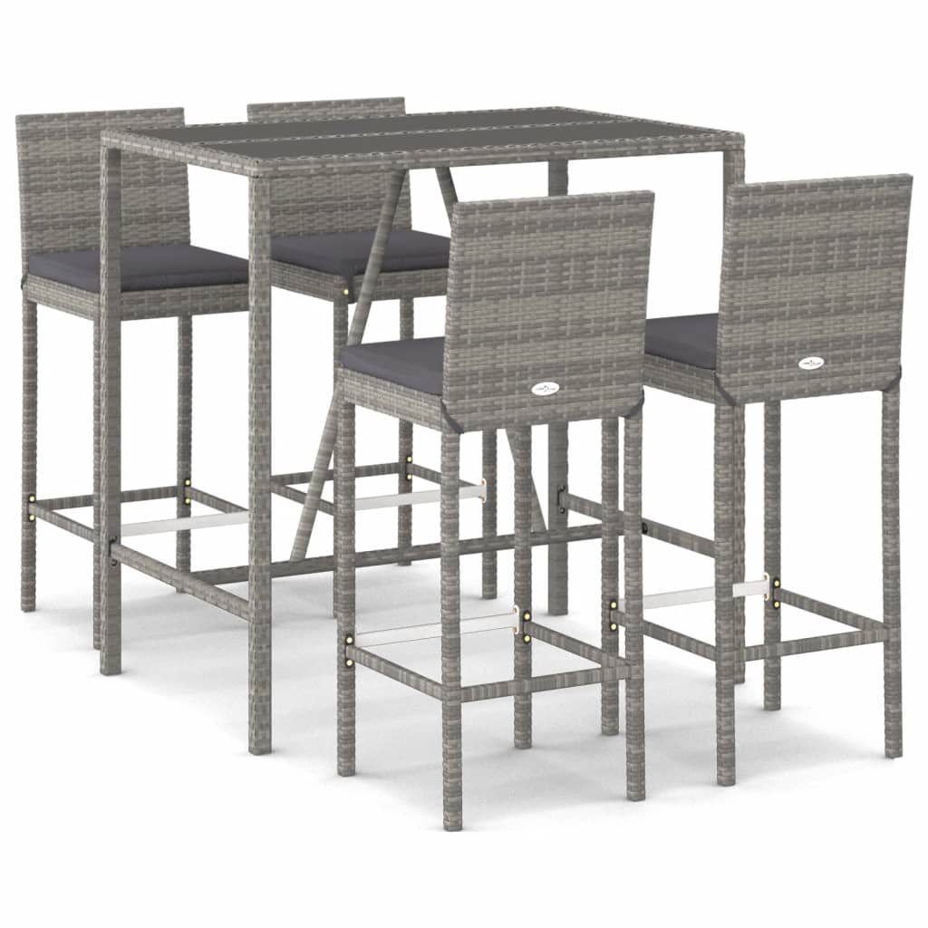 vidaXL 5 Piece Garden Bar Set with Cushions Grey Poly Rattan 2