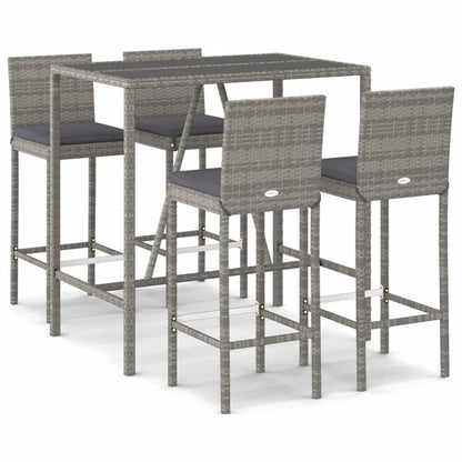 vidaXL 5 Piece Garden Bar Set with Cushions Grey Poly Rattan 2