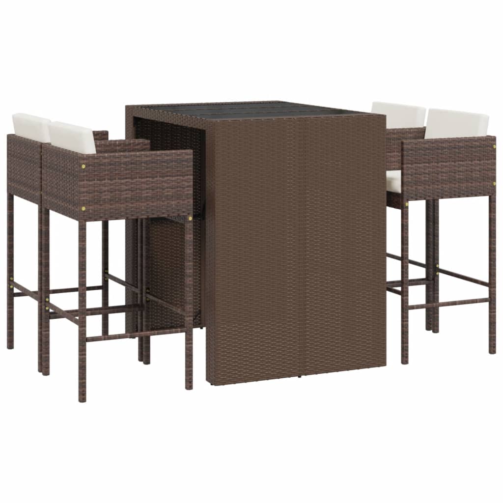 vidaXL 5 Piece Garden Bar Set with Cushions Brown Poly Rattan 2