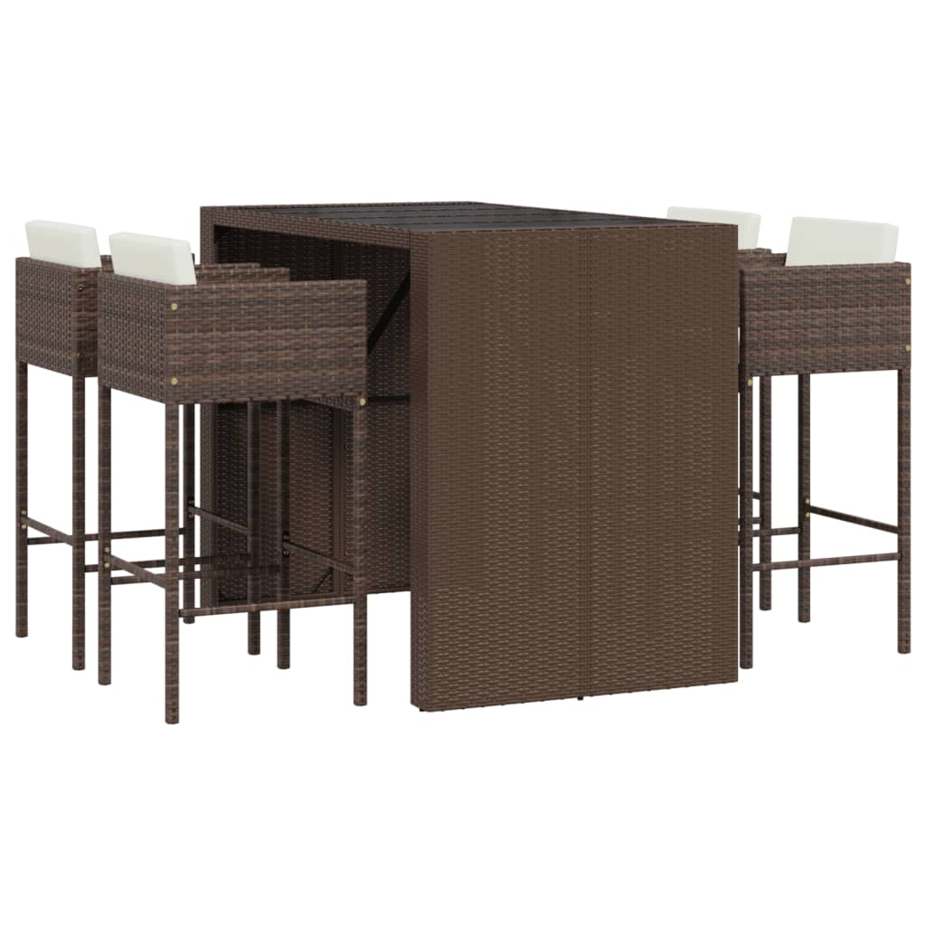vidaXL 5 Piece Garden Bar Set with Cushions Brown Poly Rattan 2