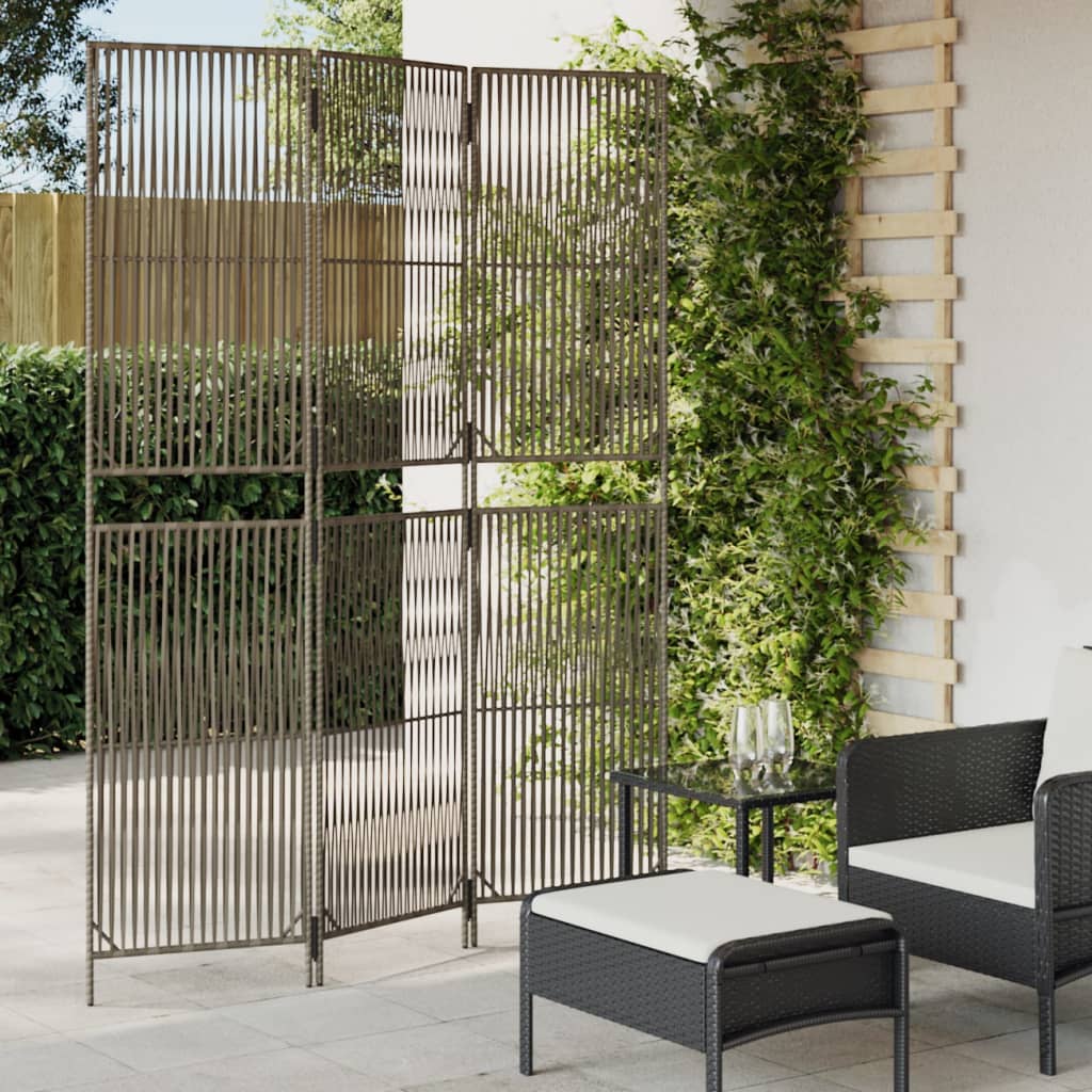 Room Divider 3 Panels Poly Rattan Line Weaving Length 200 cm Grey 147 cm