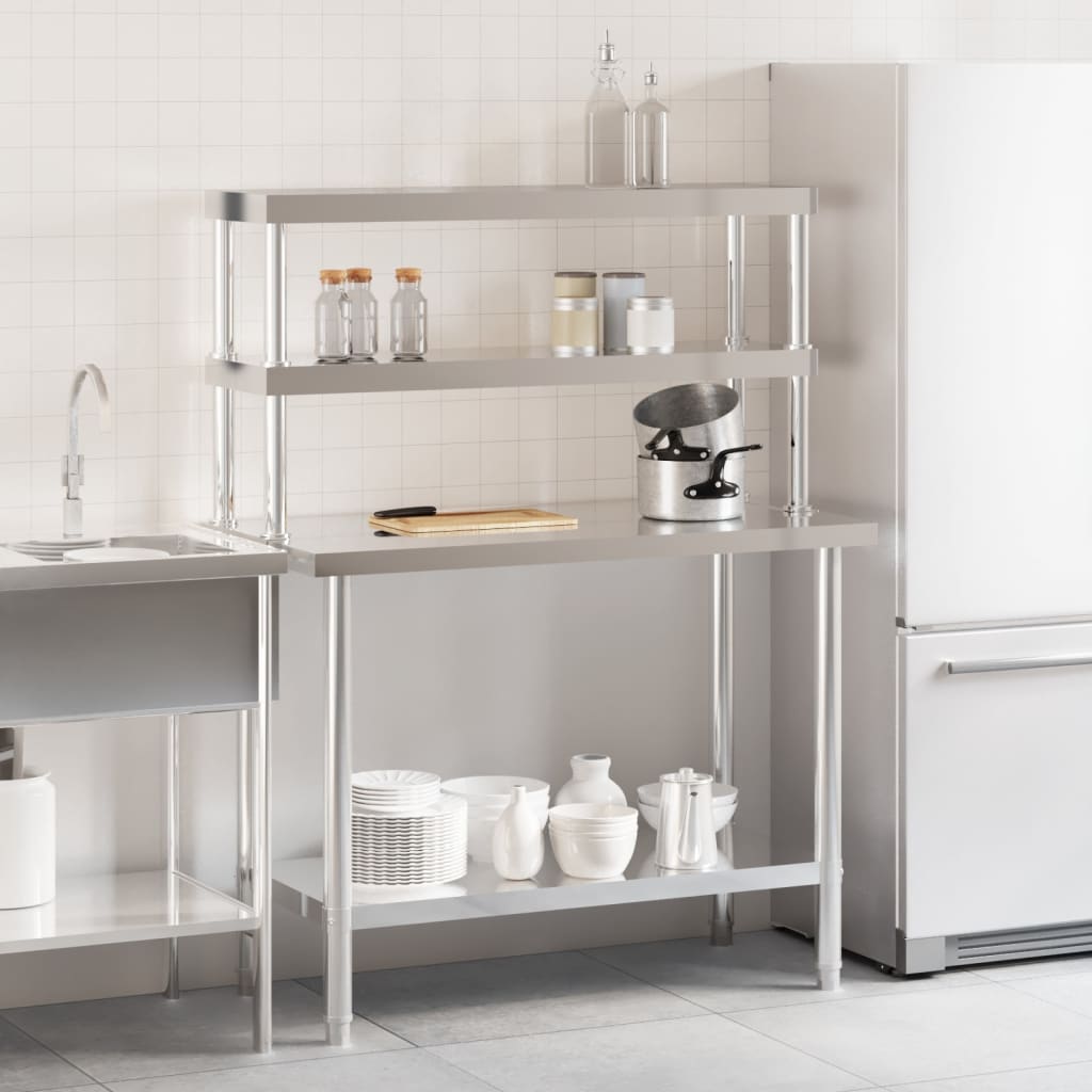 vidaXL Kitchen Work Table with Overshelf 110x55x150 cm Stainless Steel 3