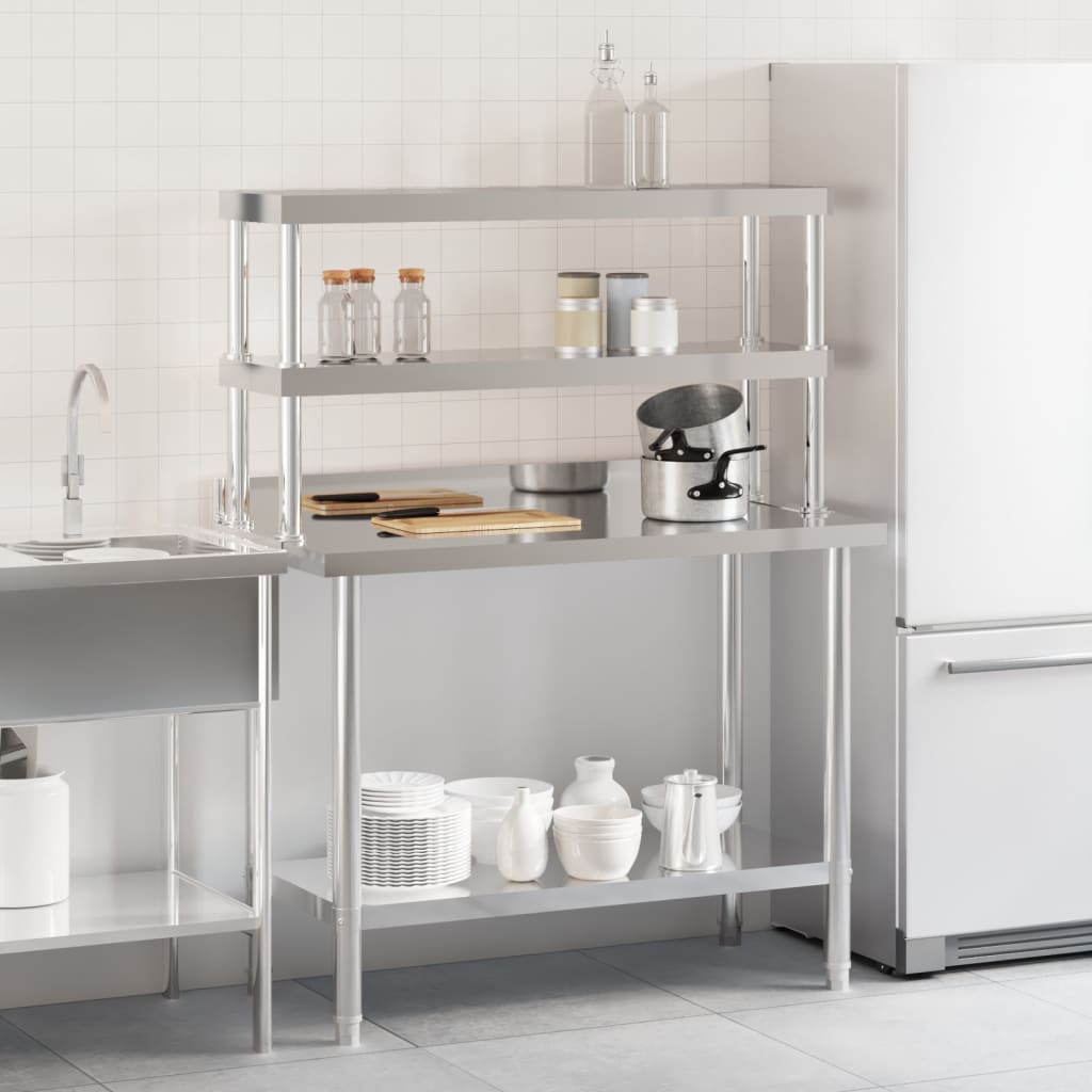vidaXL Kitchen Work Table with Overshelf 110x55x150 cm Stainless Steel 3