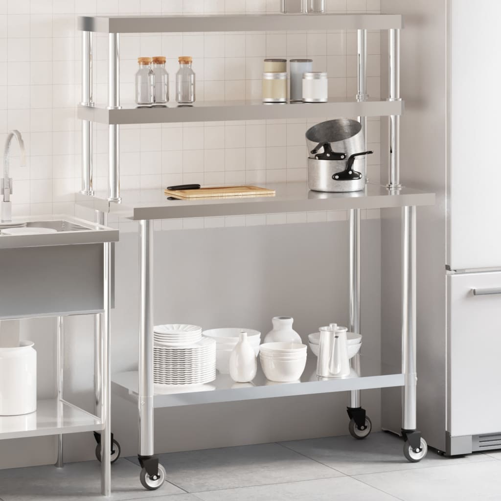 vidaXL Kitchen Work Table with Overshelf 110x55x150 cm Stainless Steel 1