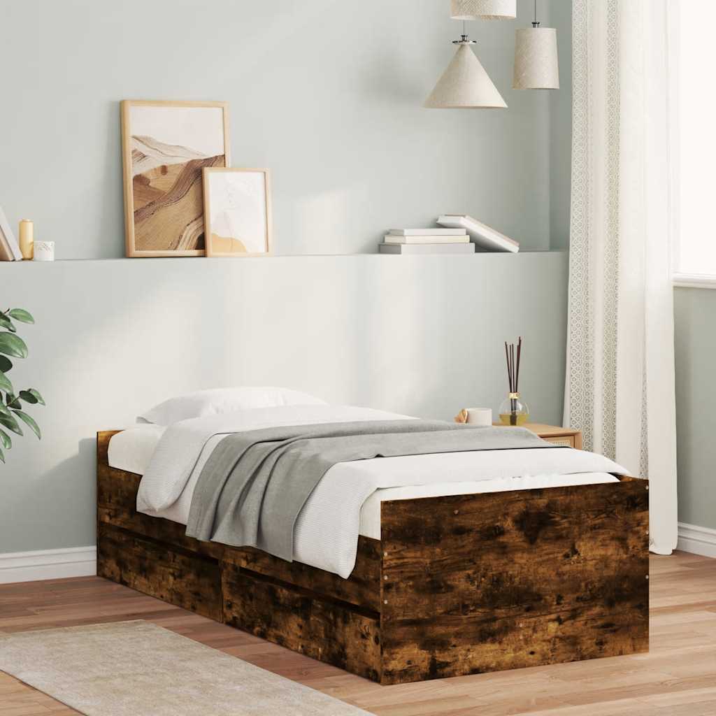 Bed Frame with Drawers without Mattress Length 190 cm Smoked oak 90 cm