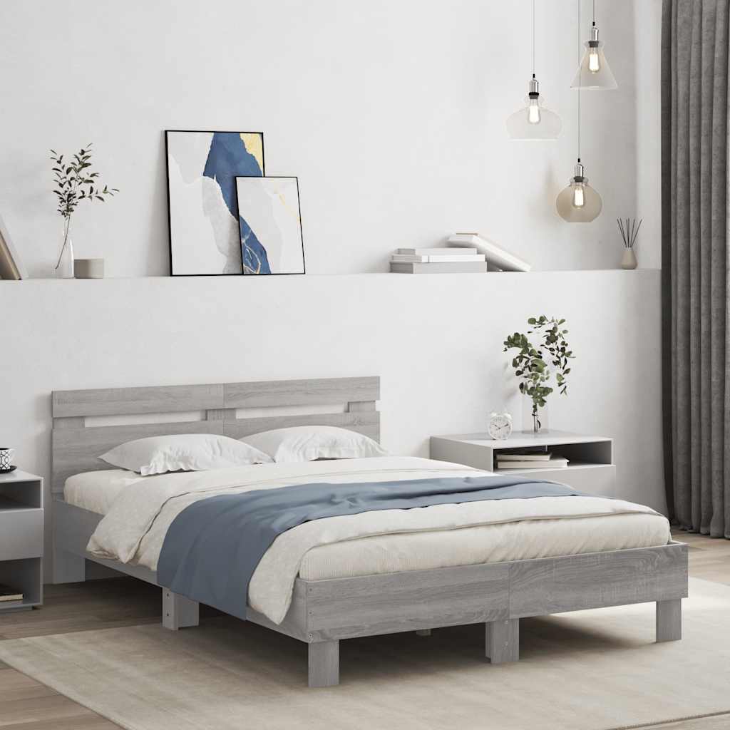 Bed Frame with LED without Mattress Grey Sonoma 135 x 190 cm