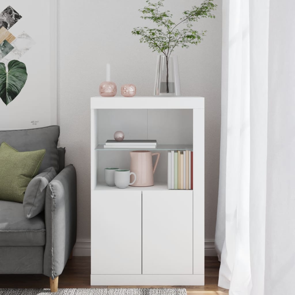 Side Cabinet with LED Lights Engineered Wood White