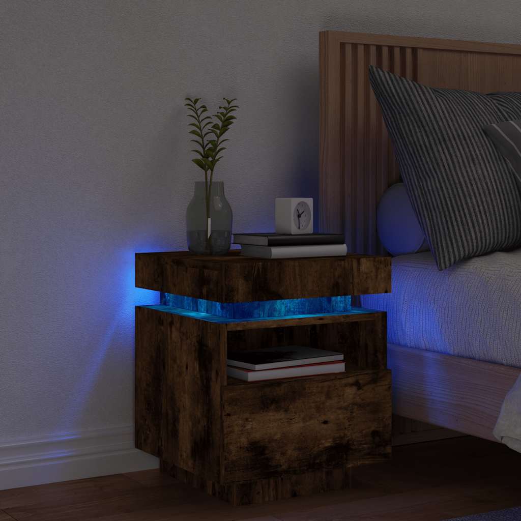 Bedside Cabinet with LED Lights 40x39x48,5 cm Smoked oak 1
