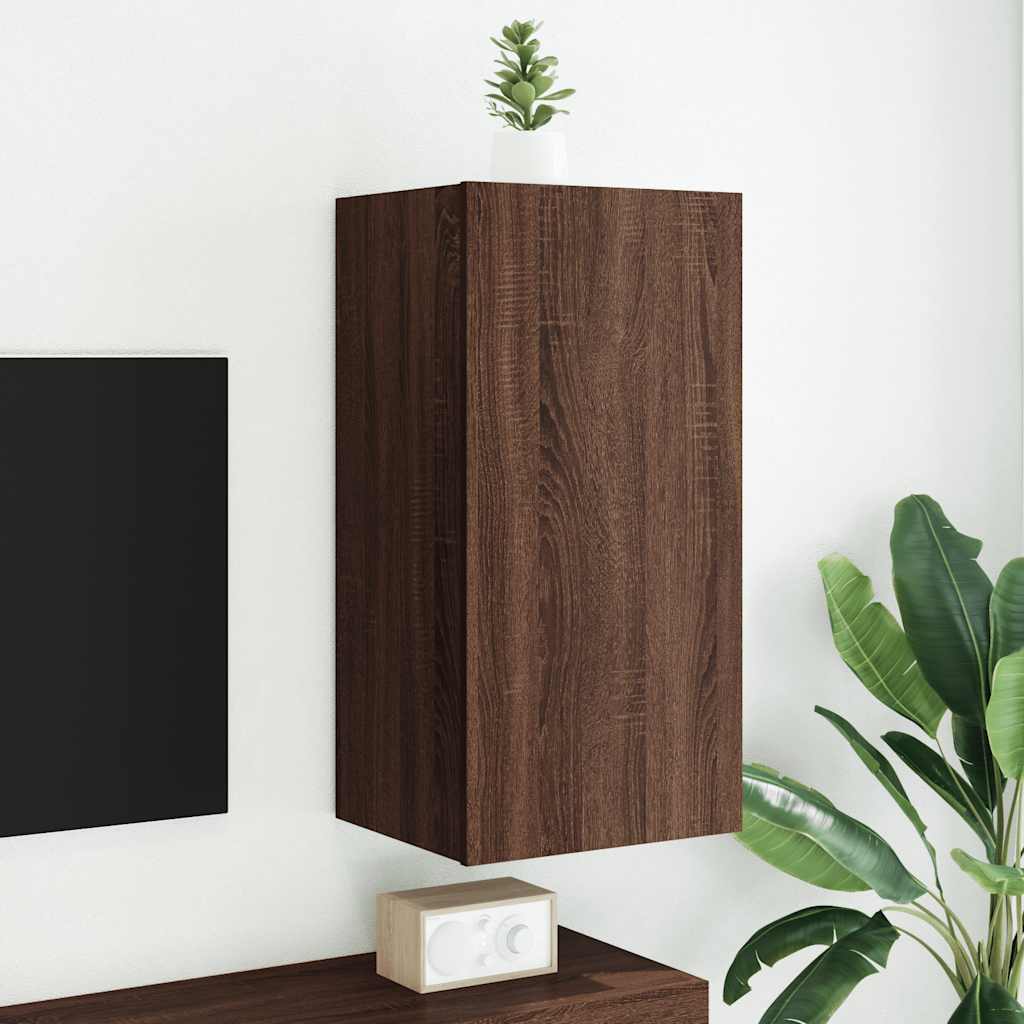 TV Wall Cabinet with LED Lights Width 40.5 cm Brown oak