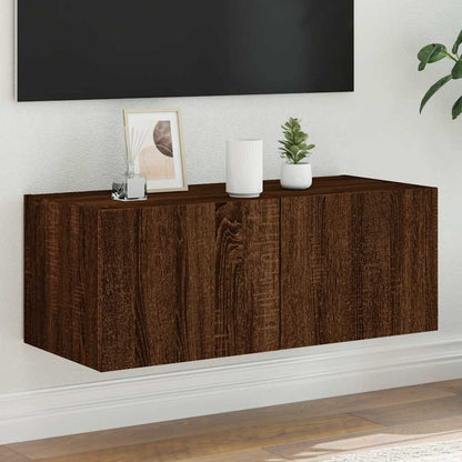 TV Wall Cabinet with LED Lights Width 80 cm Brown oak 31 cm