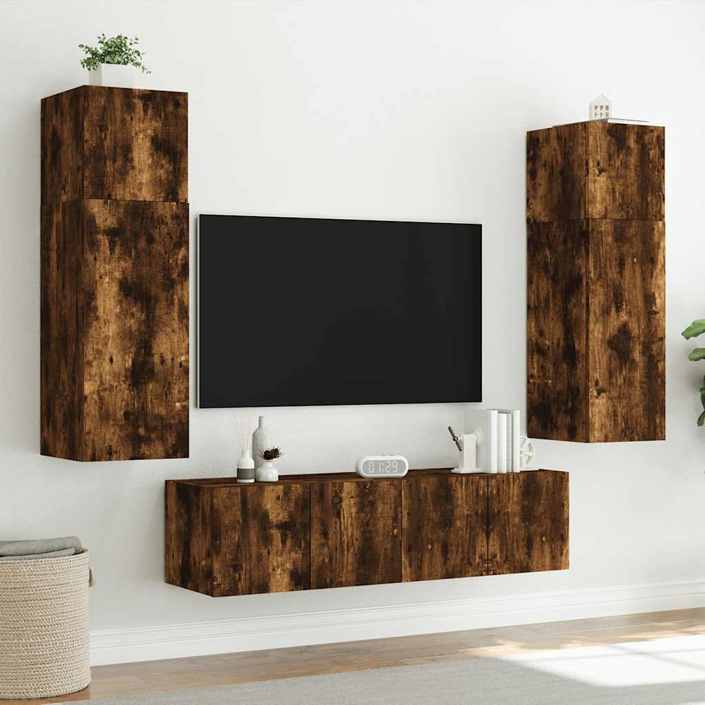 TV Wall Cabinets with LED Lights 2 pcs Width 60 cm Smoked oak