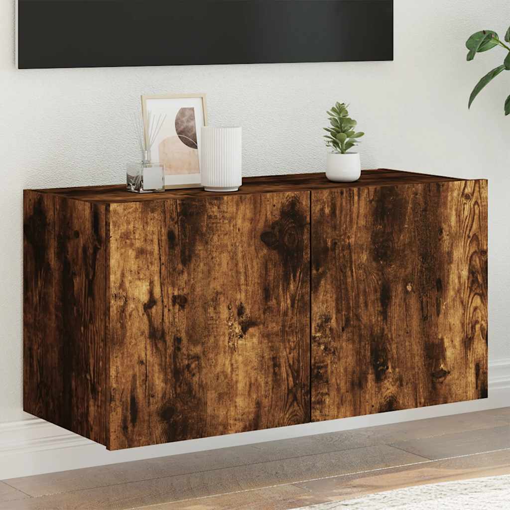 TV Wall Cabinet with LED Lights Width 80 cm Smoked oak 41 cm