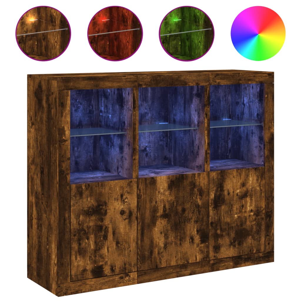 vidaXL Sideboards with LED Lights 3 pcs Smoked Oak Engineered Wood 2