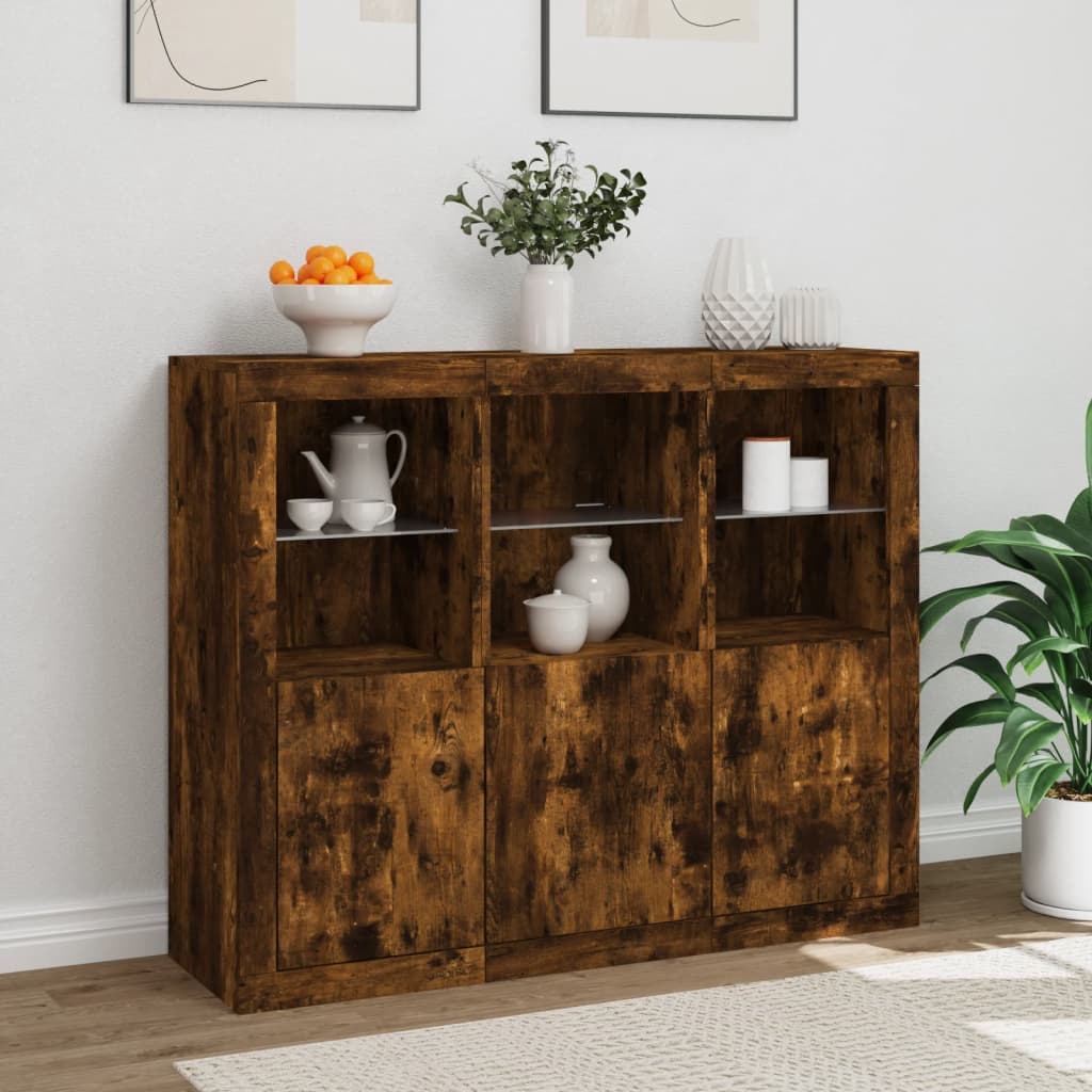 vidaXL Sideboards with LED Lights 3 pcs Smoked Oak Engineered Wood 4