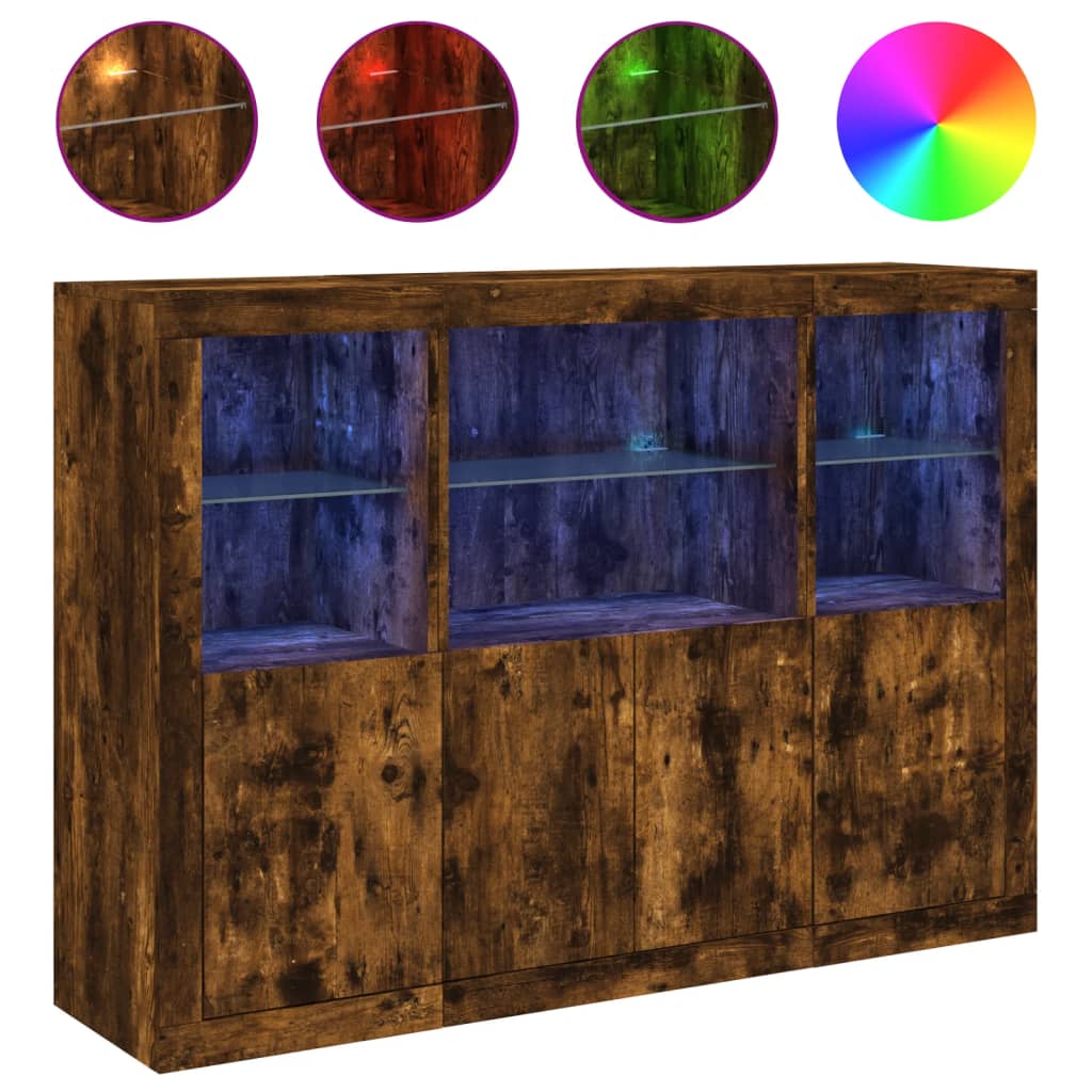 vidaXL Sideboards with LED Lights 3 pcs Smoked Oak Engineered Wood 2