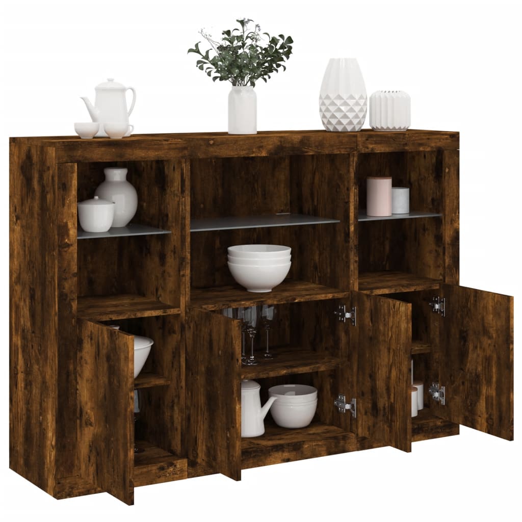 Sideboards with LED Lights 3 pcs Engineered Wood Smoked oak