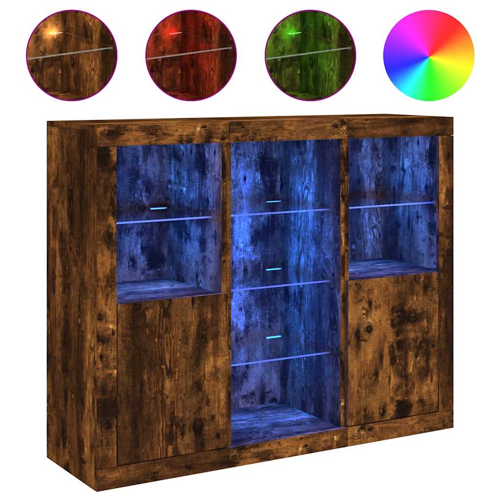 Sideboards with LED Lights 3 pcs Engineered Wood Smoked oak