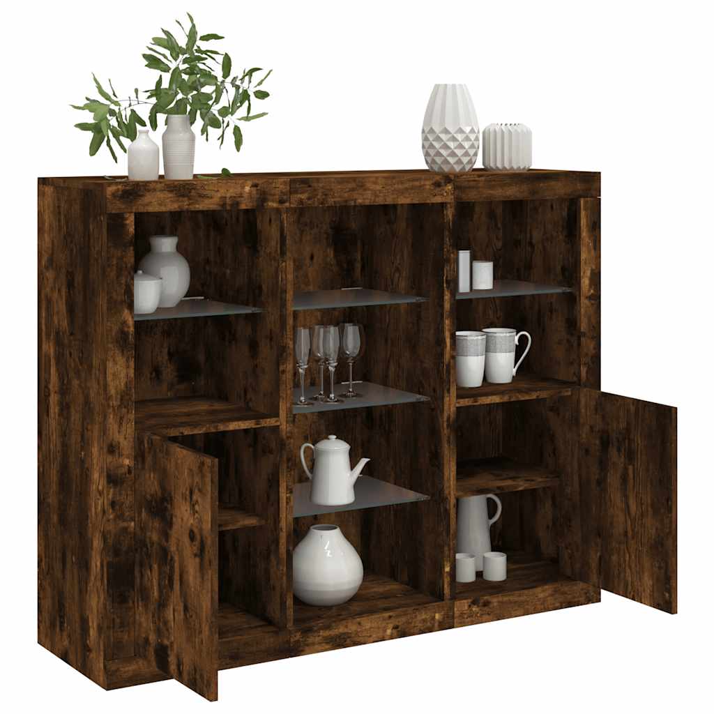 Sideboards with LED Lights 3 pcs Engineered Wood Smoked oak