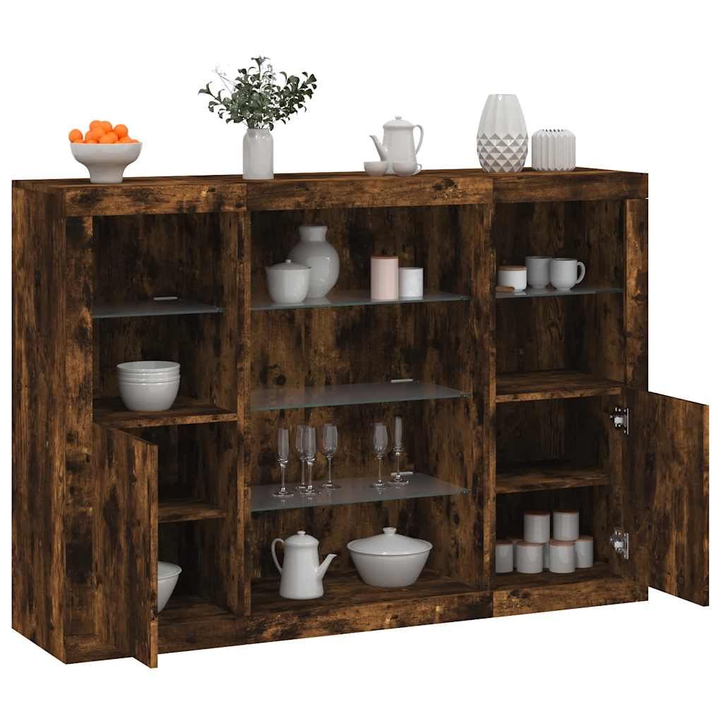 Sideboards with LED Lights 3 pcs Engineered Wood Smoked oak