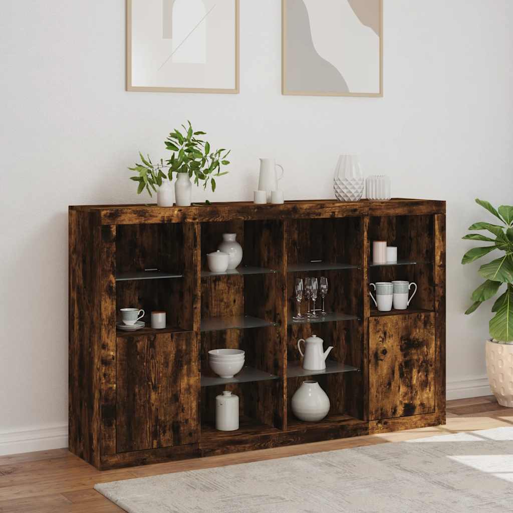 vidaXL Sideboards with LED Lights 3 pcs Smoked Oak Engineered Wood 4