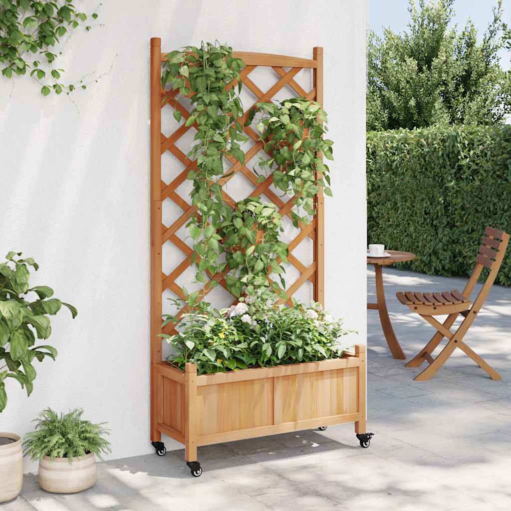 vidaXL Planter with Trellis and Wheels Brown Solid Wood Fir 3