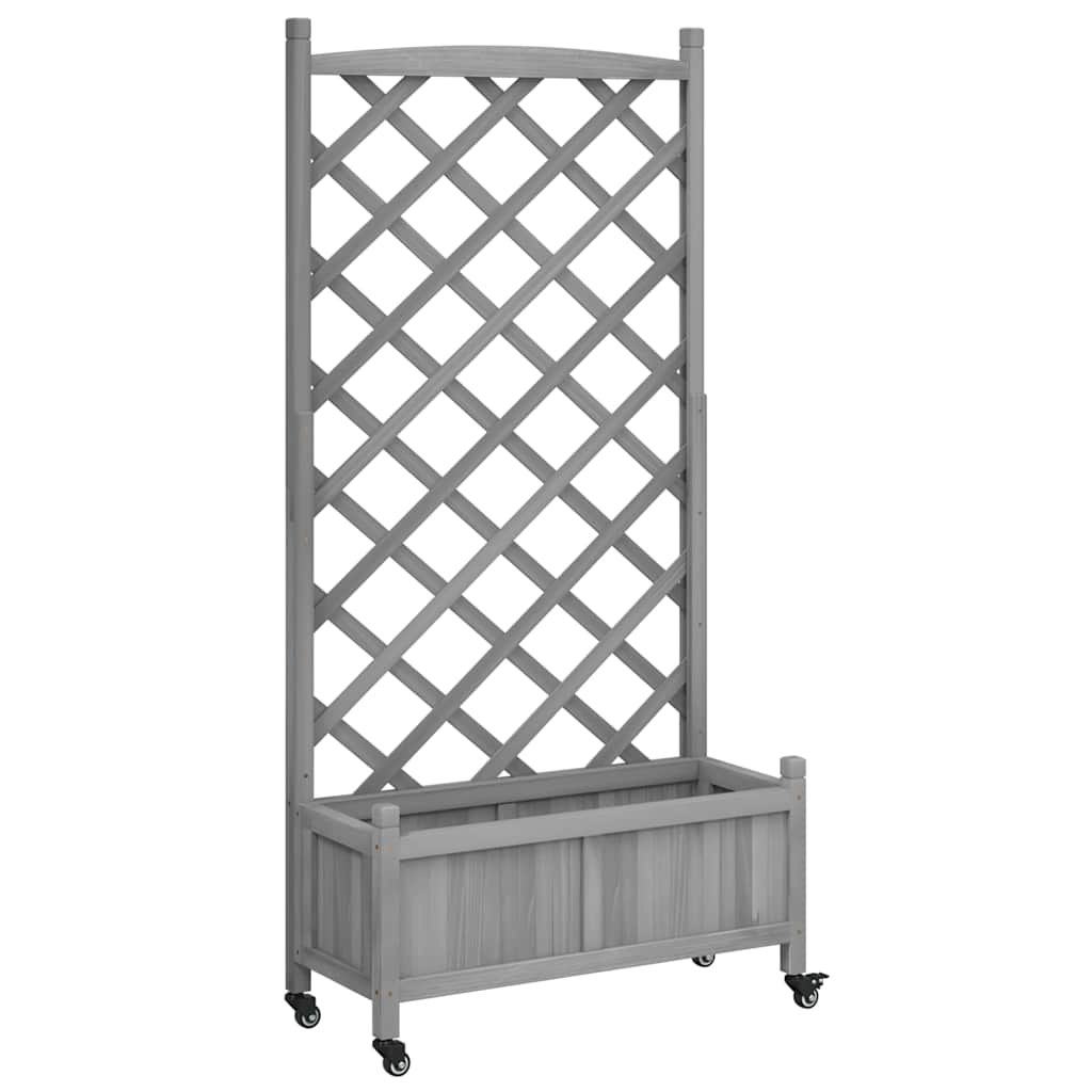 vidaXL Planter with Trellis and Wheels Grey Solid Wood Fir 2