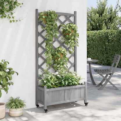 vidaXL Planter with Trellis and Wheels Grey Solid Wood Fir 3