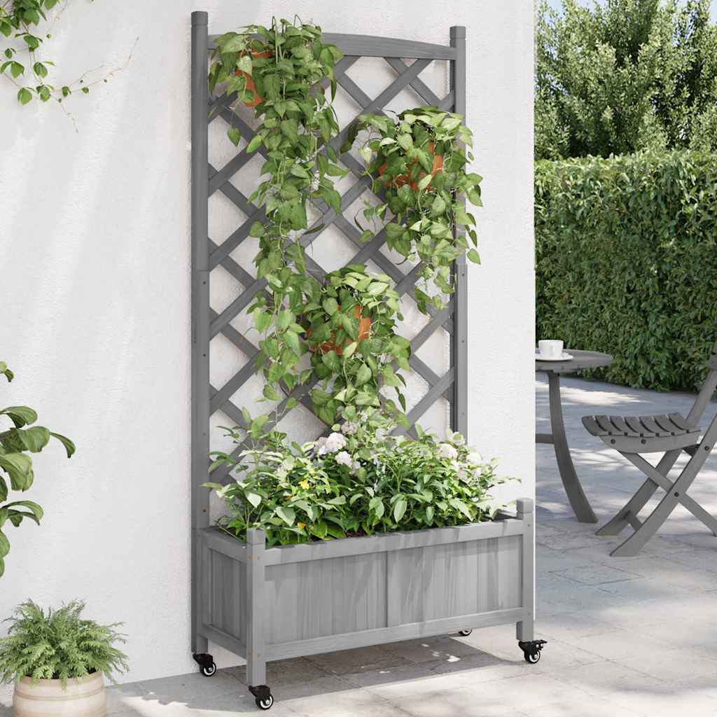 vidaXL Planter with Trellis and Wheels Grey Solid Wood Fir 1