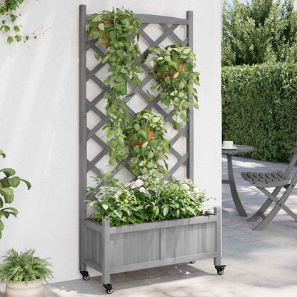 vidaXL Planter with Trellis and Wheels Grey Solid Wood Fir 1