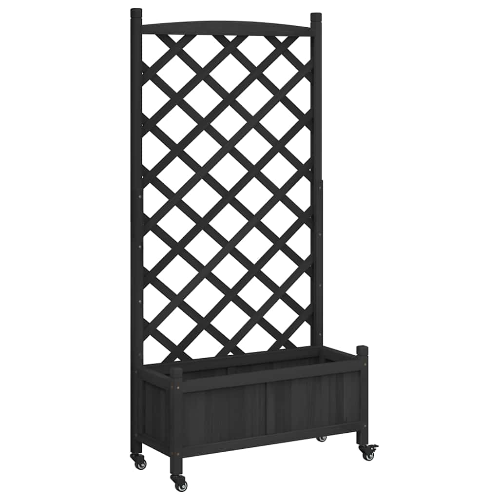 vidaXL Planter with Trellis and Wheels Black Solid Wood Fir 2