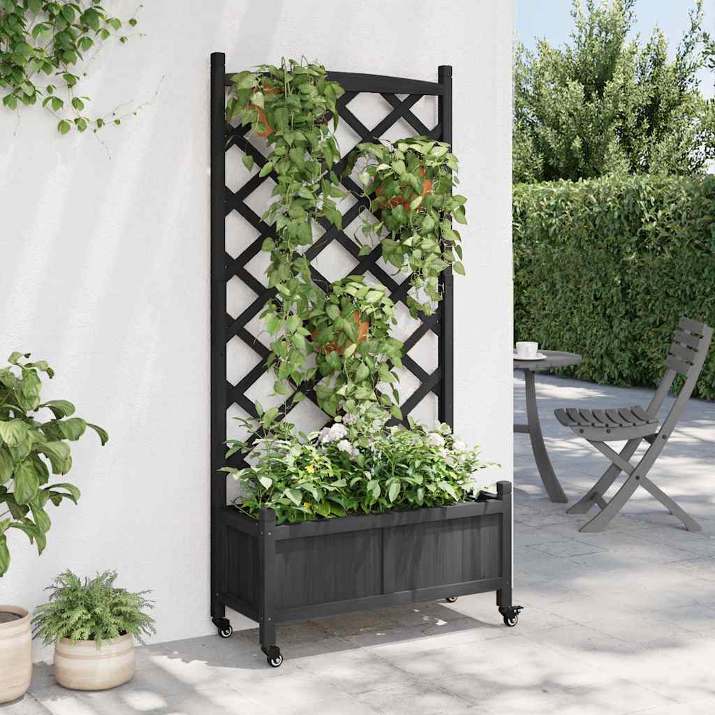 vidaXL Planter with Trellis and Wheels Black Solid Wood Fir 3
