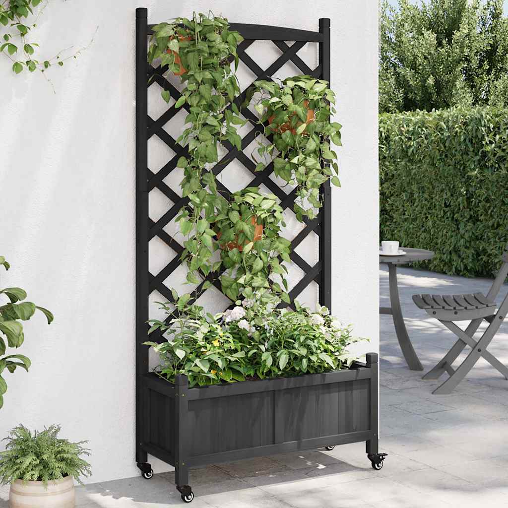 vidaXL Planter with Trellis and Wheels Black Solid Wood Fir 1
