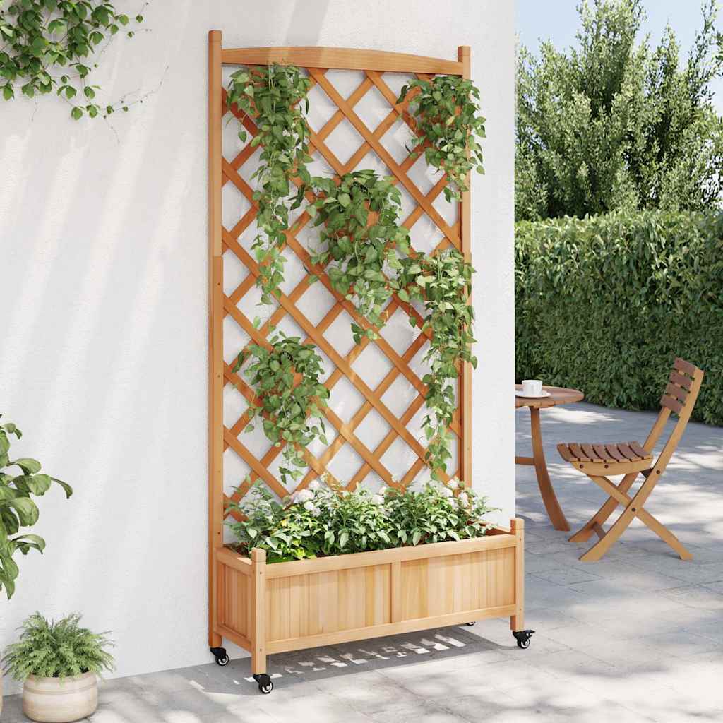vidaXL Planter with Trellis and Wheels Brown Solid Wood Fir 3
