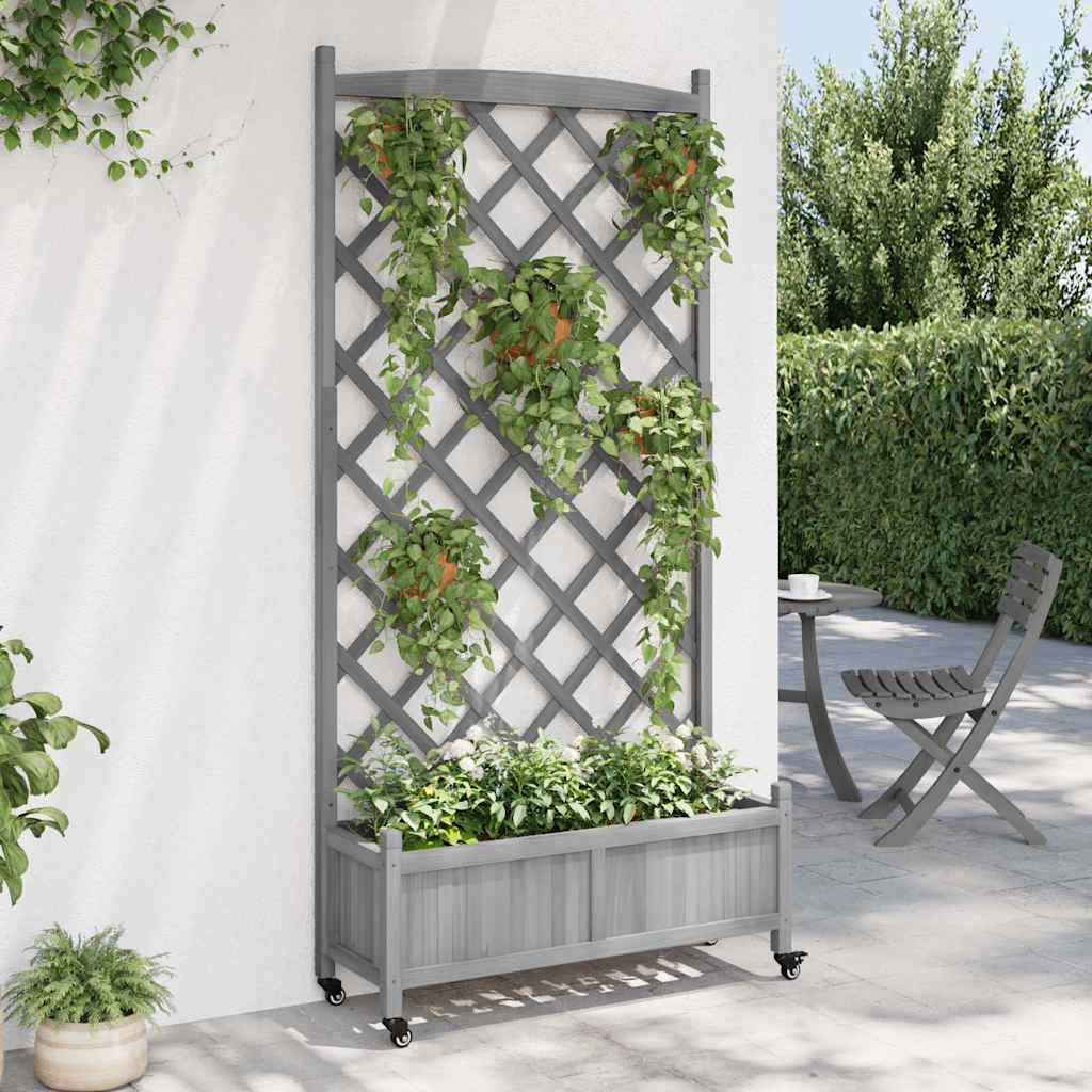 vidaXL Planter with Trellis and Wheels Grey Solid Wood Fir 3