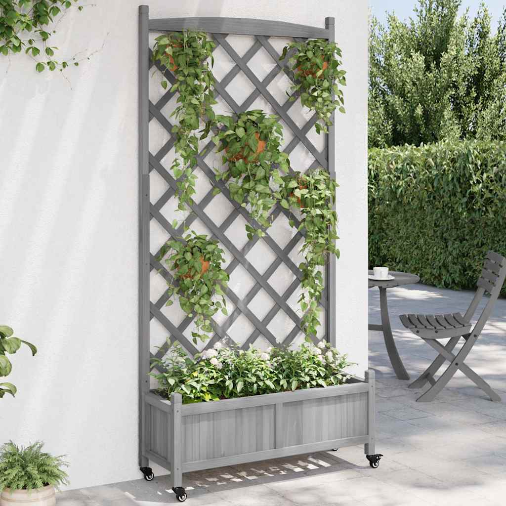 vidaXL Planter with Trellis and Wheels Grey Solid Wood Fir 1