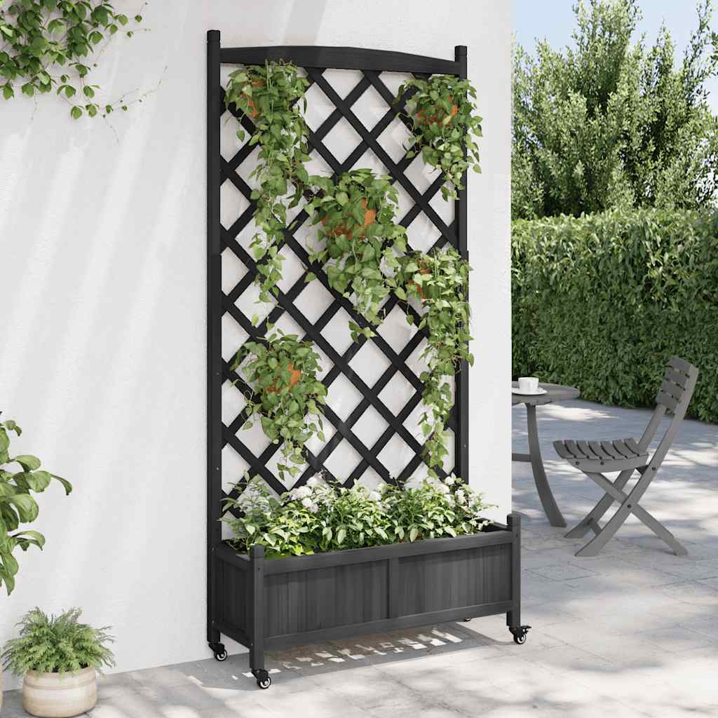 vidaXL Planter with Trellis and Wheels Black Solid Wood Fir 3