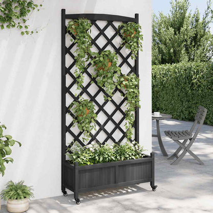 vidaXL Planter with Trellis and Wheels Black Solid Wood Fir 3