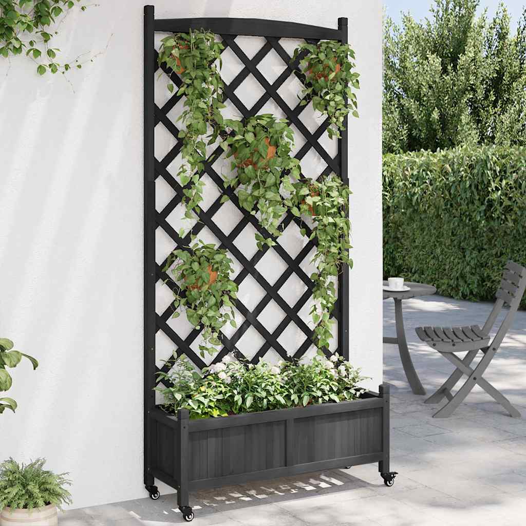 vidaXL Planter with Trellis and Wheels Black Solid Wood Fir 1