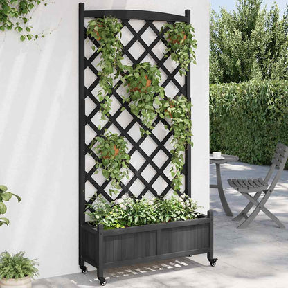 vidaXL Planter with Trellis and Wheels Black Solid Wood Fir 1