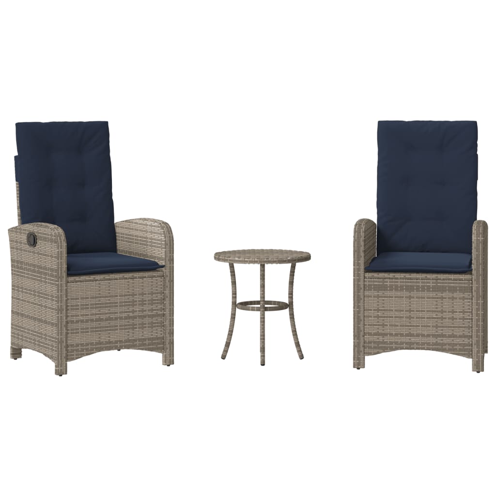 vidaXL 3 Piece Bistro Set with Cushions Grey Poly Rattan 2