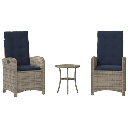vidaXL 3 Piece Bistro Set with Cushions Grey Poly Rattan 2