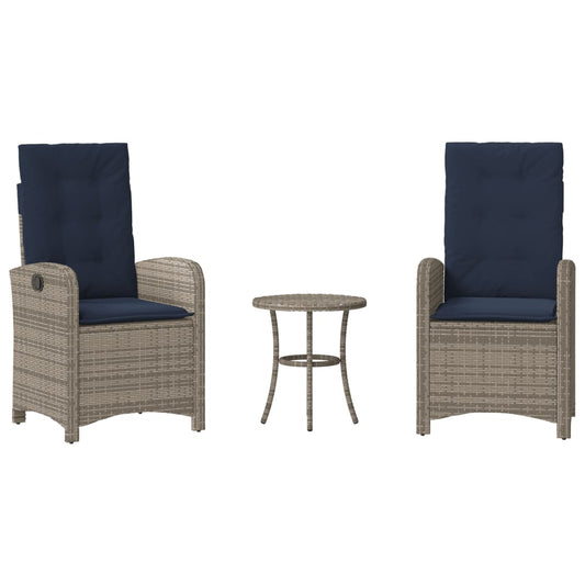 vidaXL 3 Piece Bistro Set with Cushions Grey Poly Rattan 2