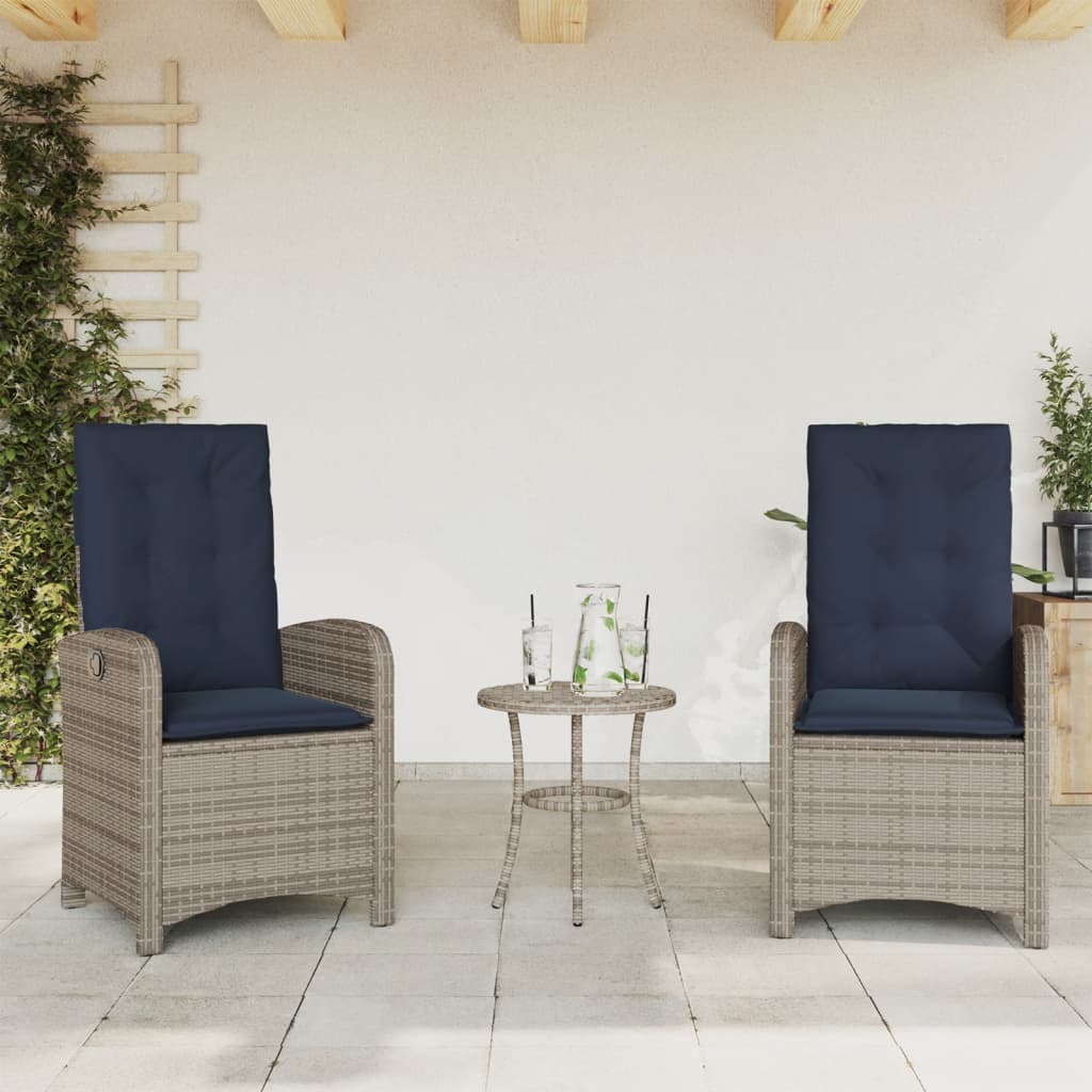 vidaXL 3 Piece Bistro Set with Cushions Grey Poly Rattan 3