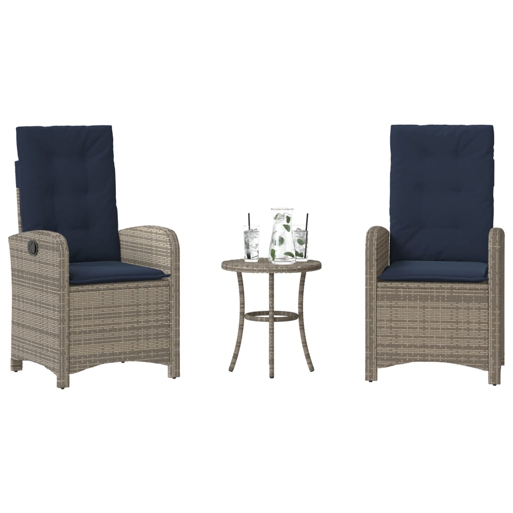 vidaXL 3 Piece Bistro Set with Cushions Grey Poly Rattan 1