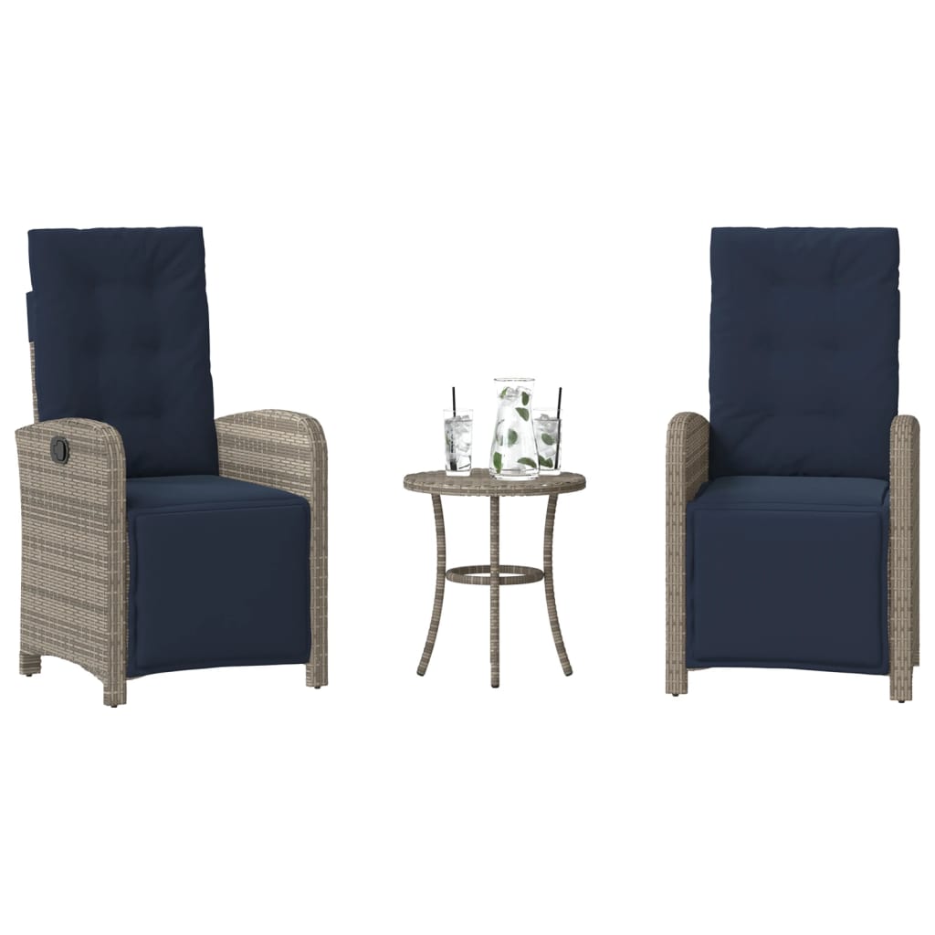 vidaXL 3 Piece Bistro Set with Cushions Grey Poly Rattan 1
