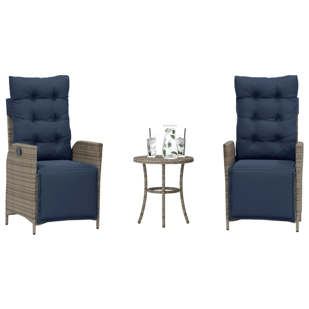 vidaXL 3 Piece Bistro Set with Cushions Grey Poly Rattan 1