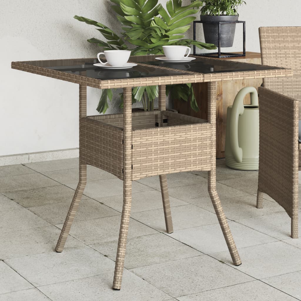 Garden Table with Top 80x80x75 cm Poly Rattan Beige Glass