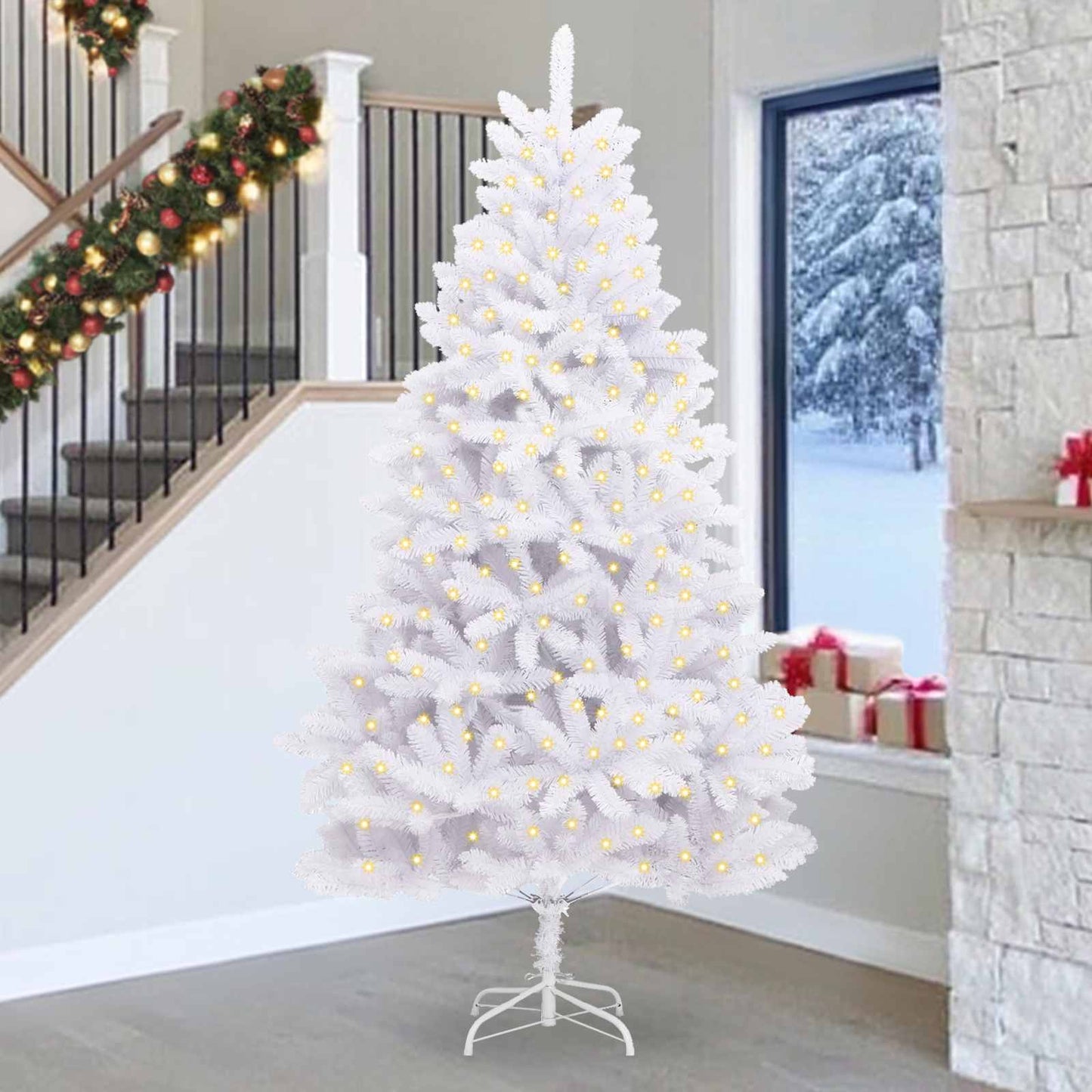 vidaXL Artificial Christmas Tree 300 LEDs PVC and Steel White 1
