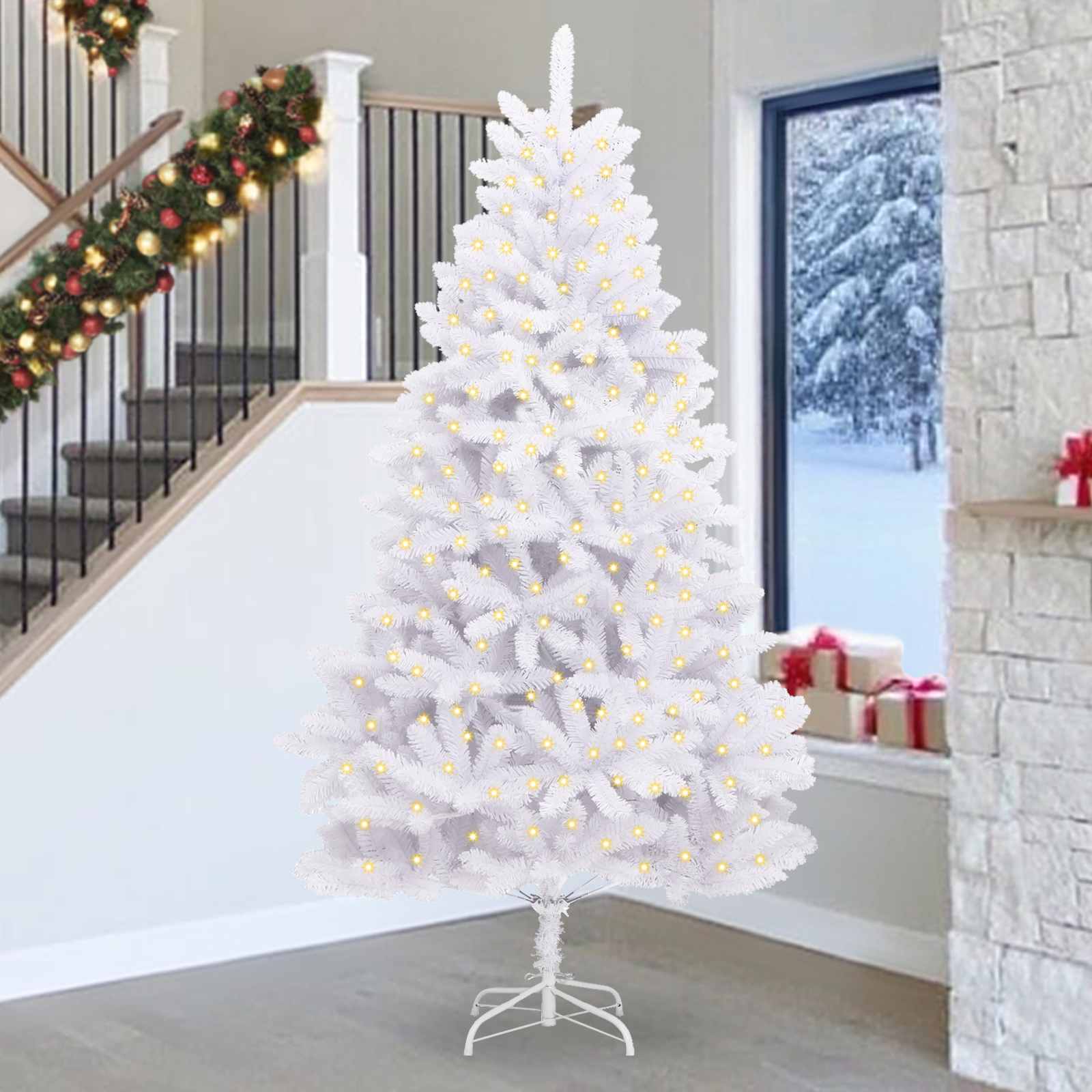 vidaXL Artificial Christmas Tree 300 LEDs PVC and Steel White 1